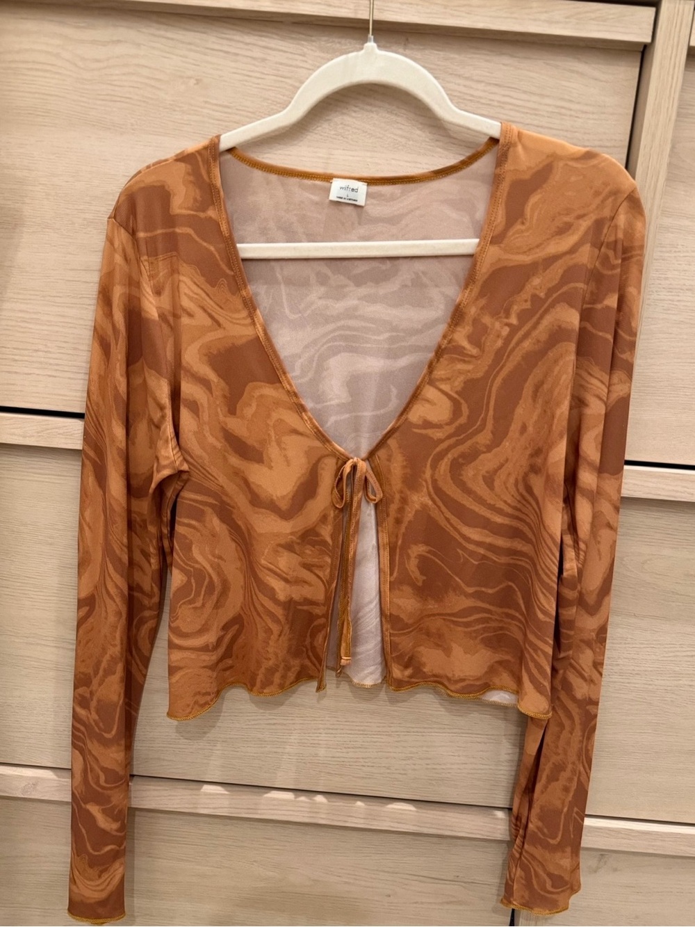 Wilfred Sheer Tie-Front Long Sleeve Top in Copper Marble